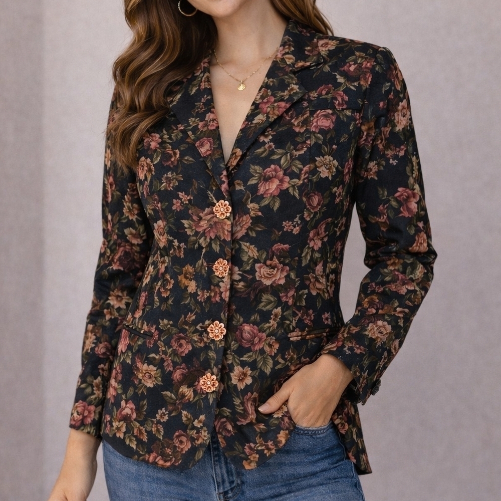 Vintage 1980s Navy Blue Floral Rose Shacket